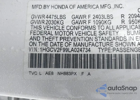 2020 Honda Accord Touring z USA, uszkodzony, nr VIN 1HGCV2F99LA024734